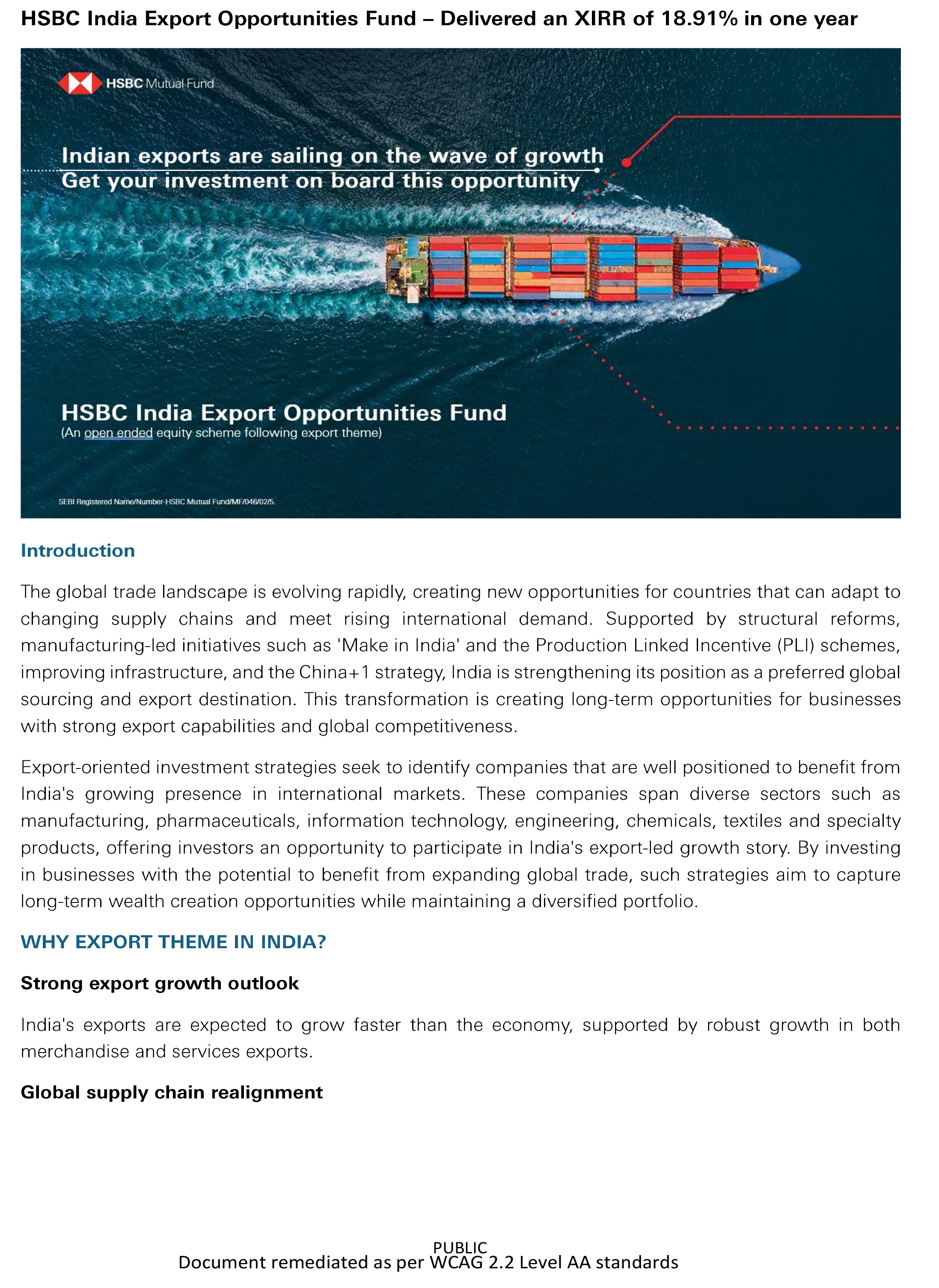 HSBC India Export Opportunities Fund - Delivered an XIRR of 18.91 per cent in one year
