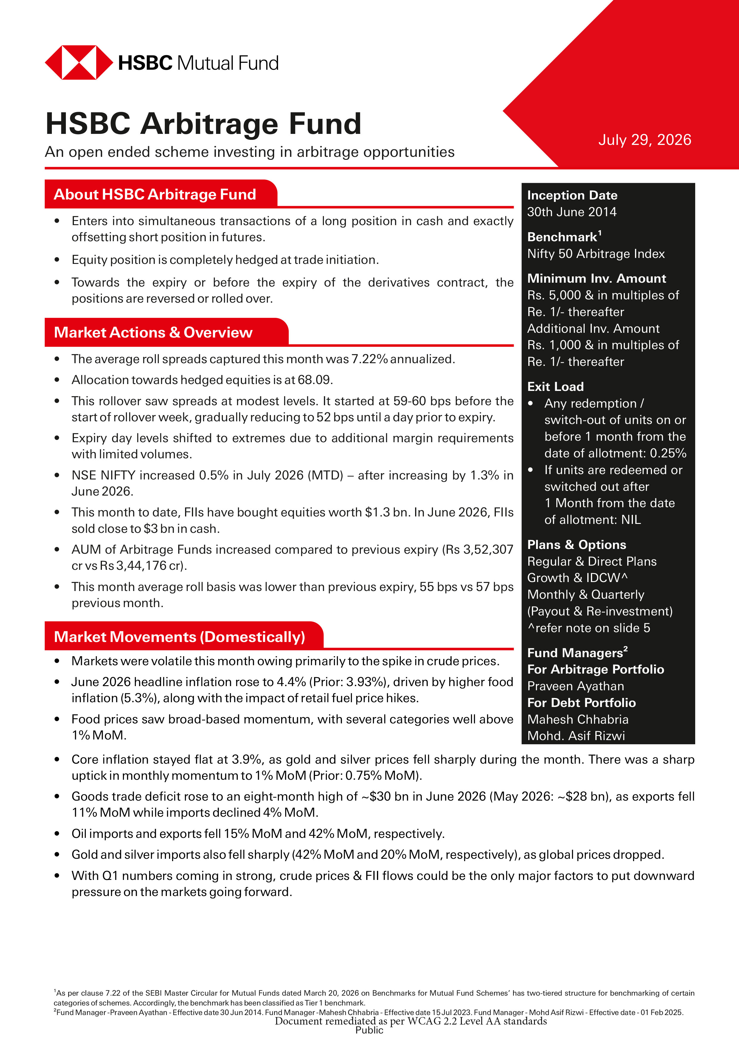 Product Note - HSBC Arbitrage Fund - July 29, 2026