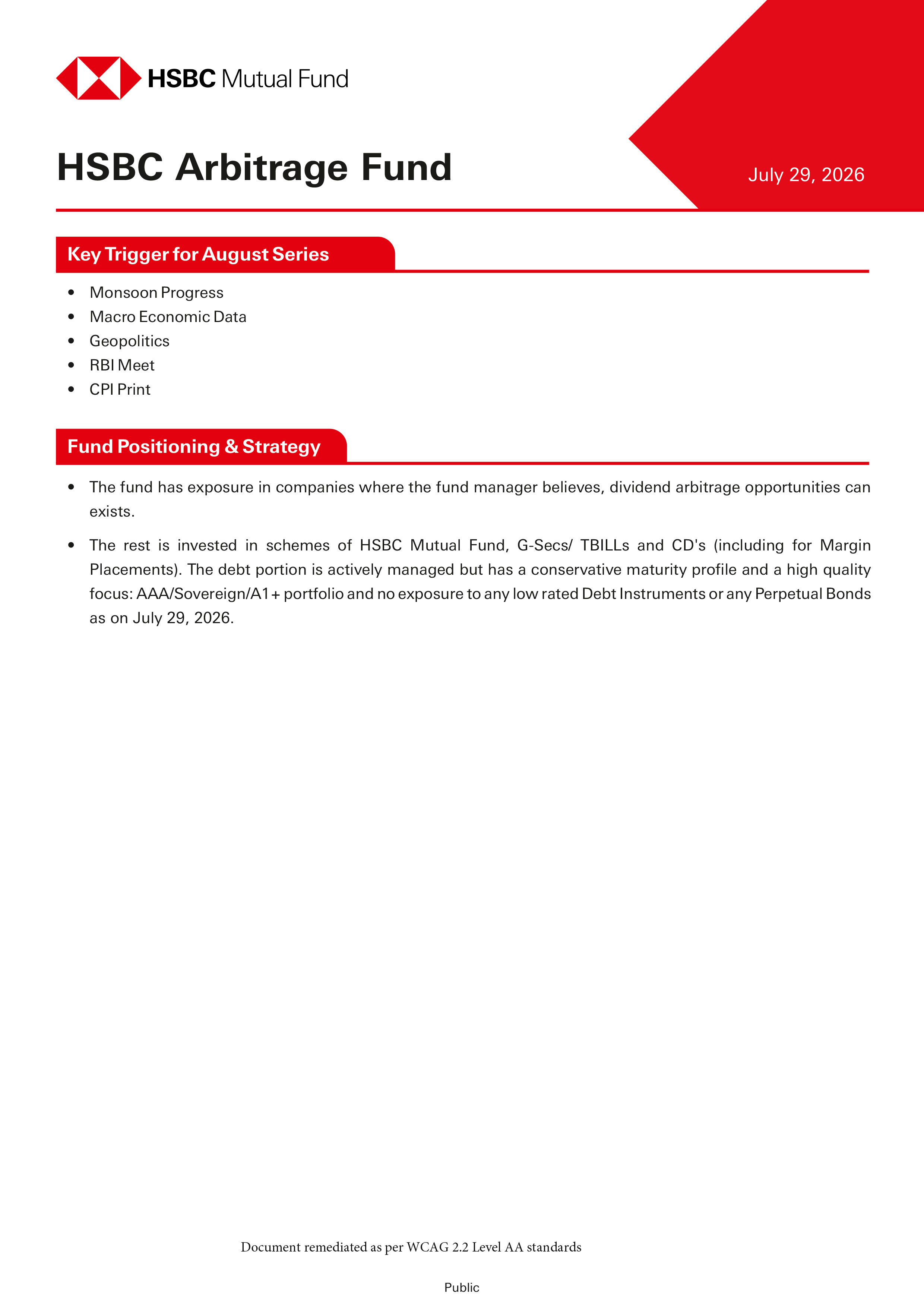 Product Note - HSBC Arbitrage Fund - July 29, 2026