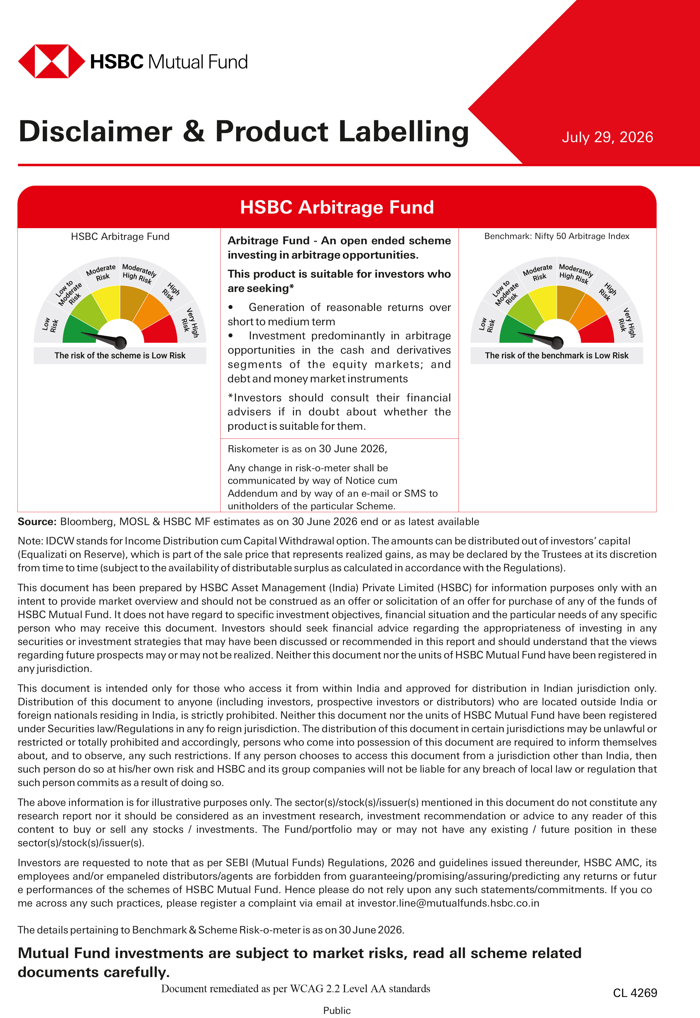 Product Note - HSBC Arbitrage Fund - July 29, 2026