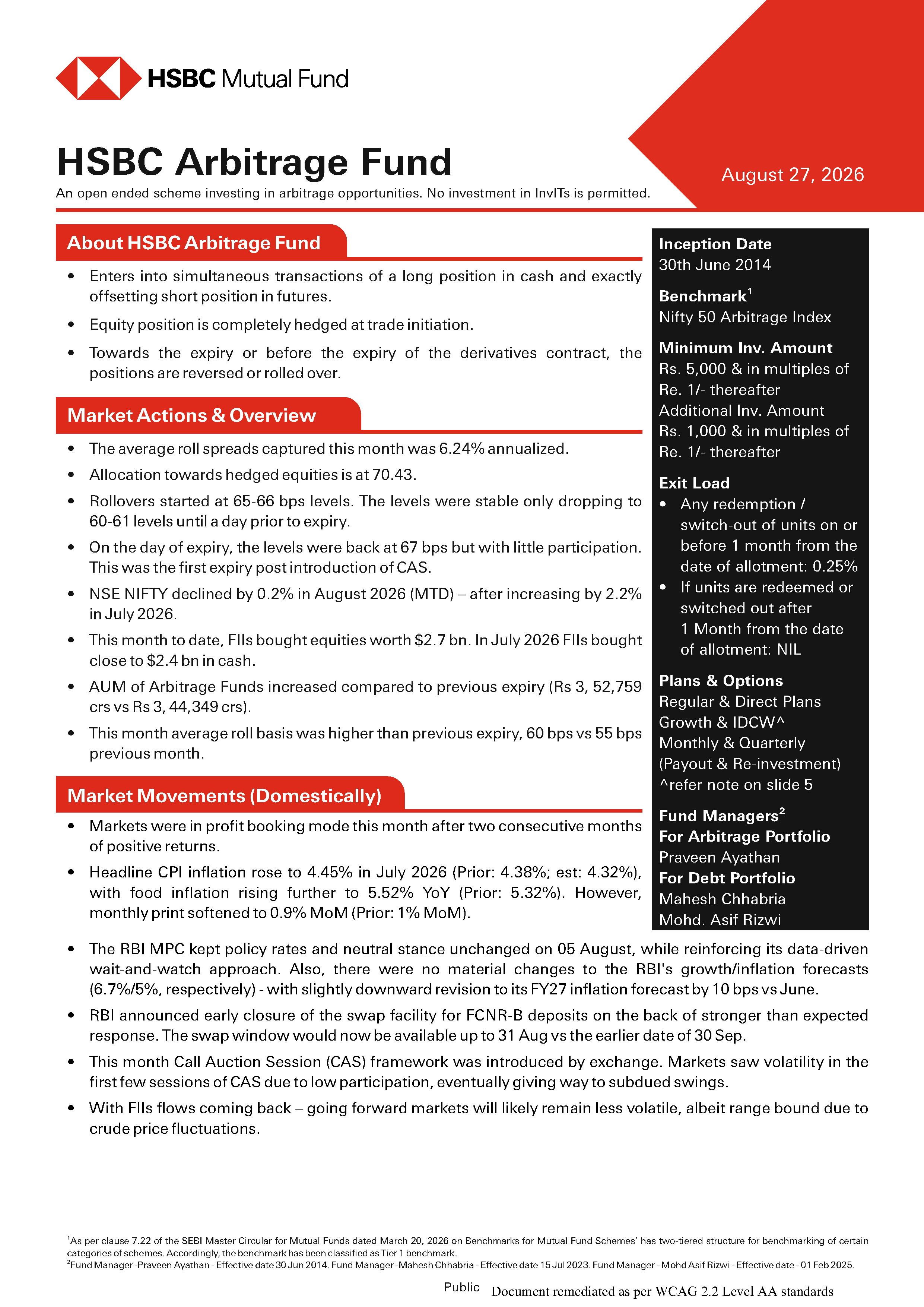 Product Note - HSBC Arbitrage Fund - Aug 27, 2026