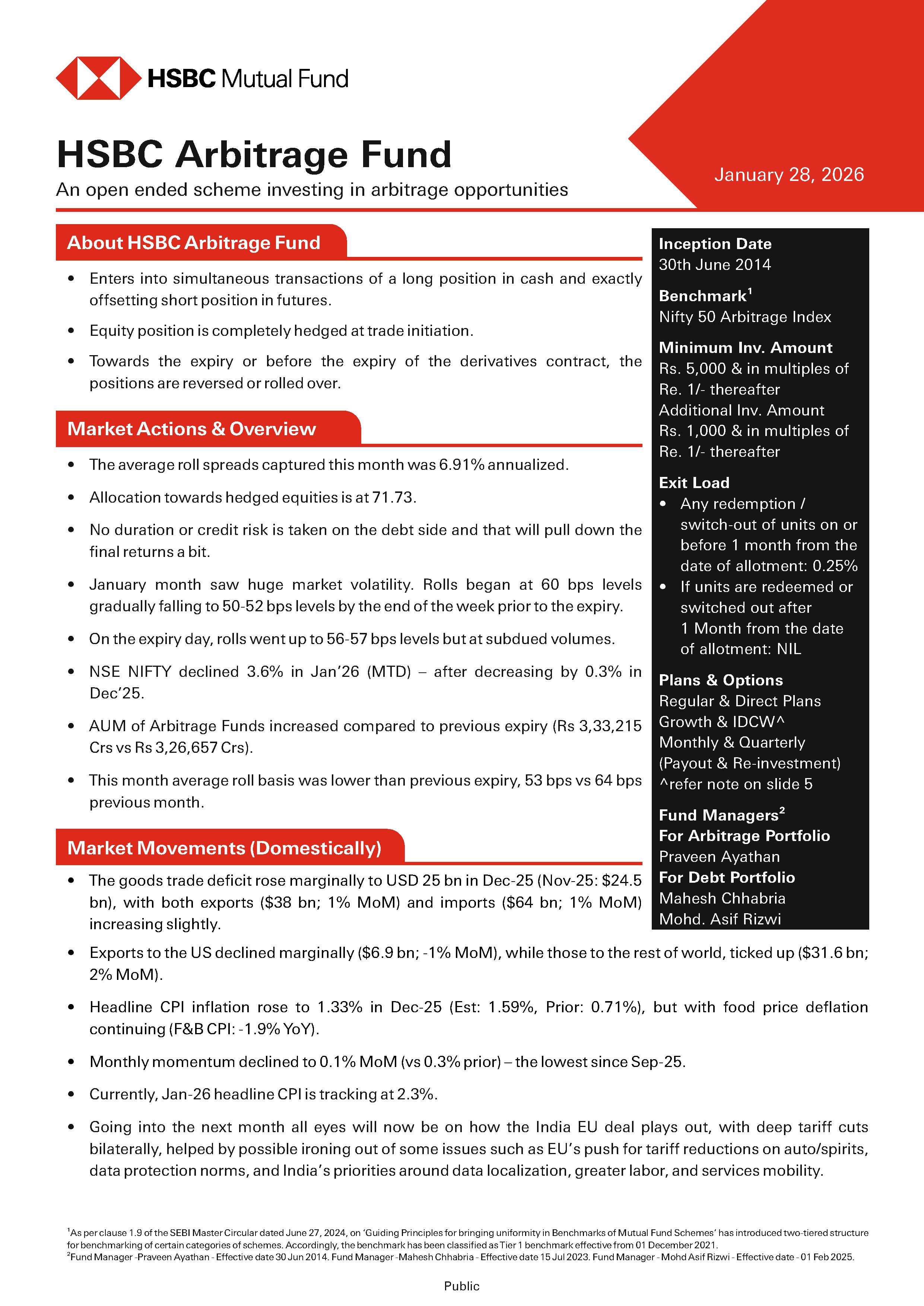 Product Note - HSBC Arbitrage Fund - January 28, 2026