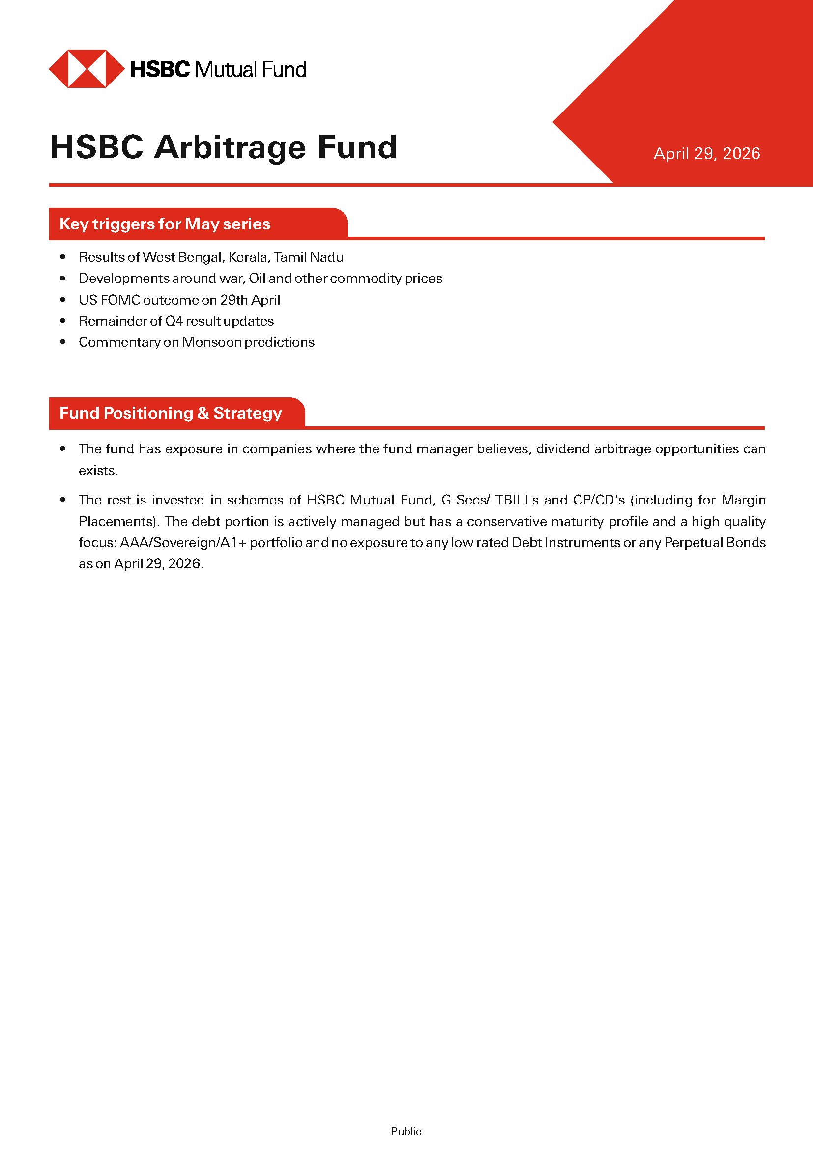 Product Note - HSBC Arbitrage Fund - April 29, 2026