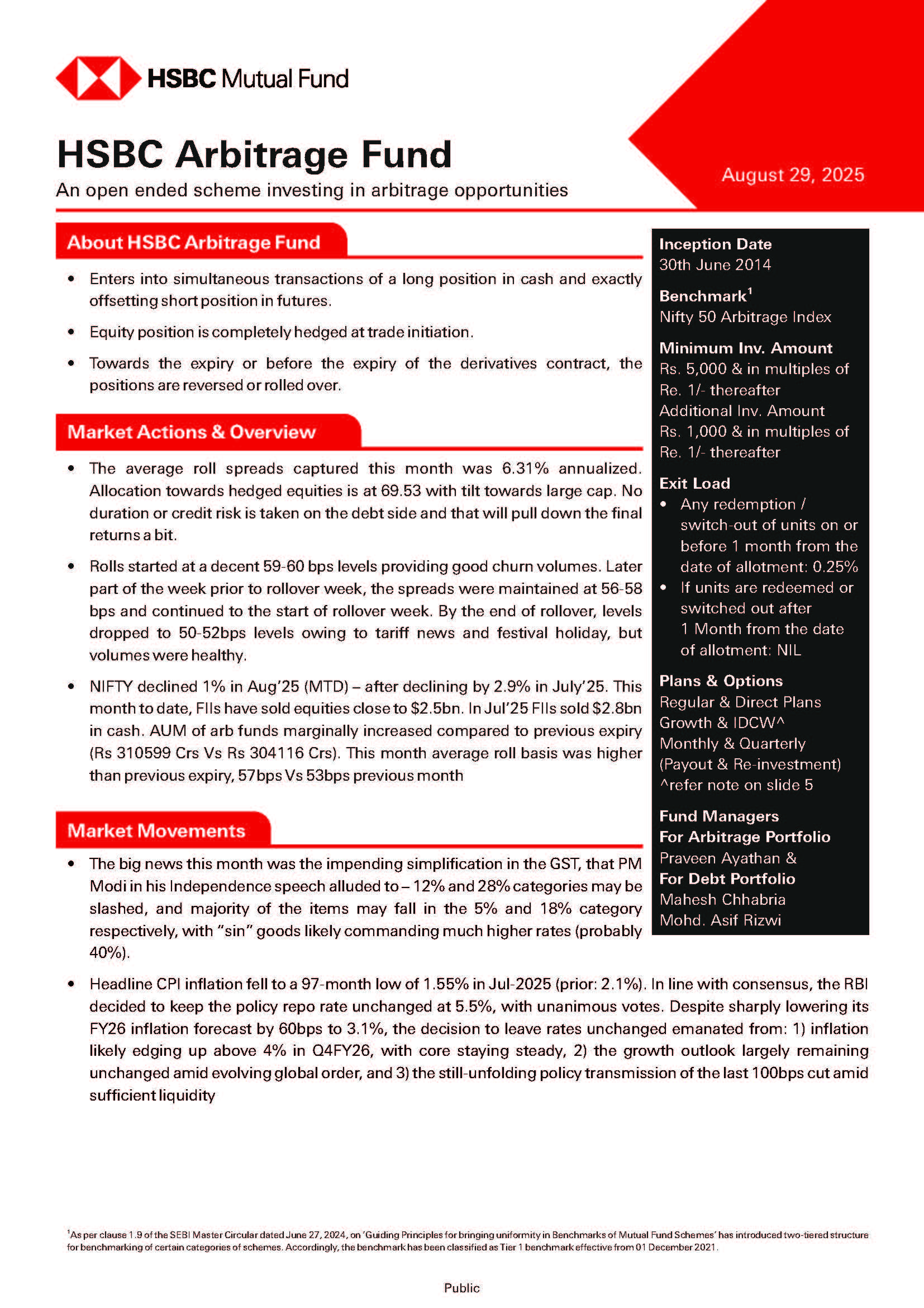 Product Note - HSBC Arbitrage Fund - August 29, 2025