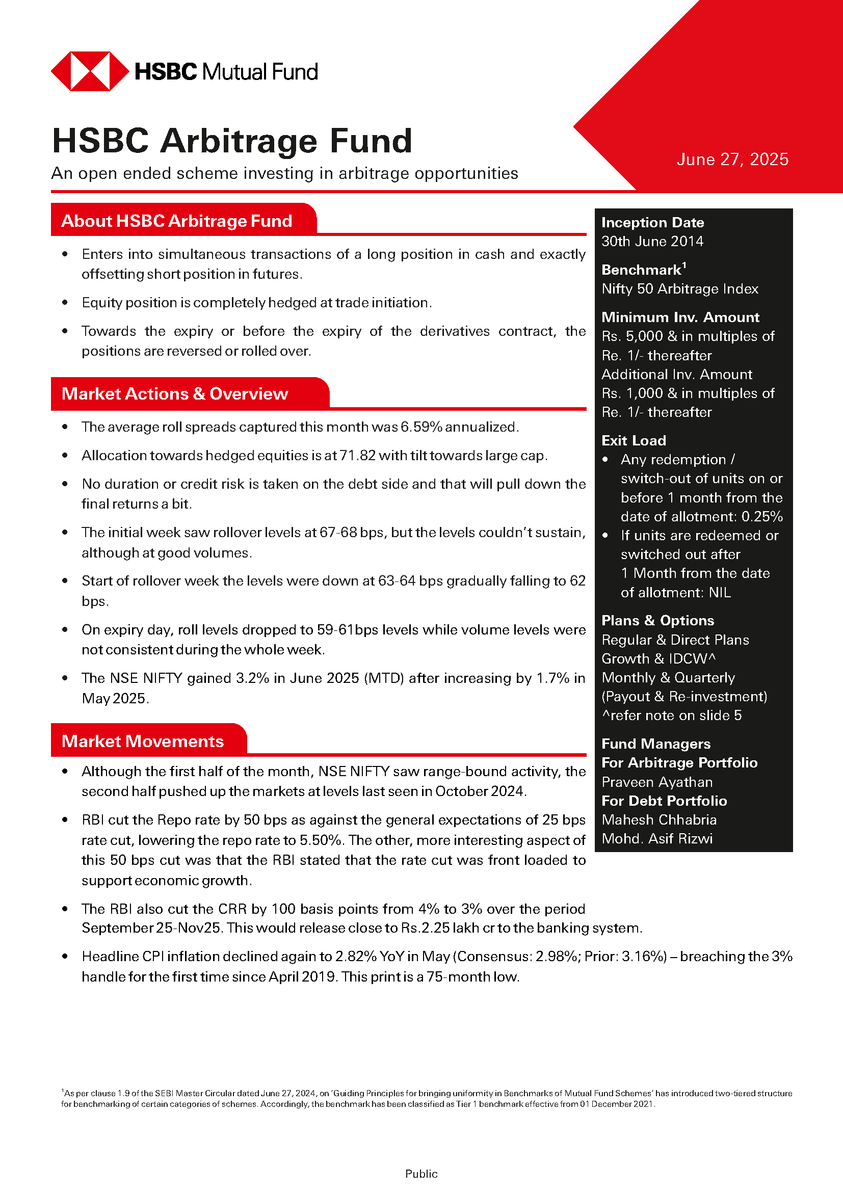 Product Note - HSBC Arbitrage Fund - June 27, 2025