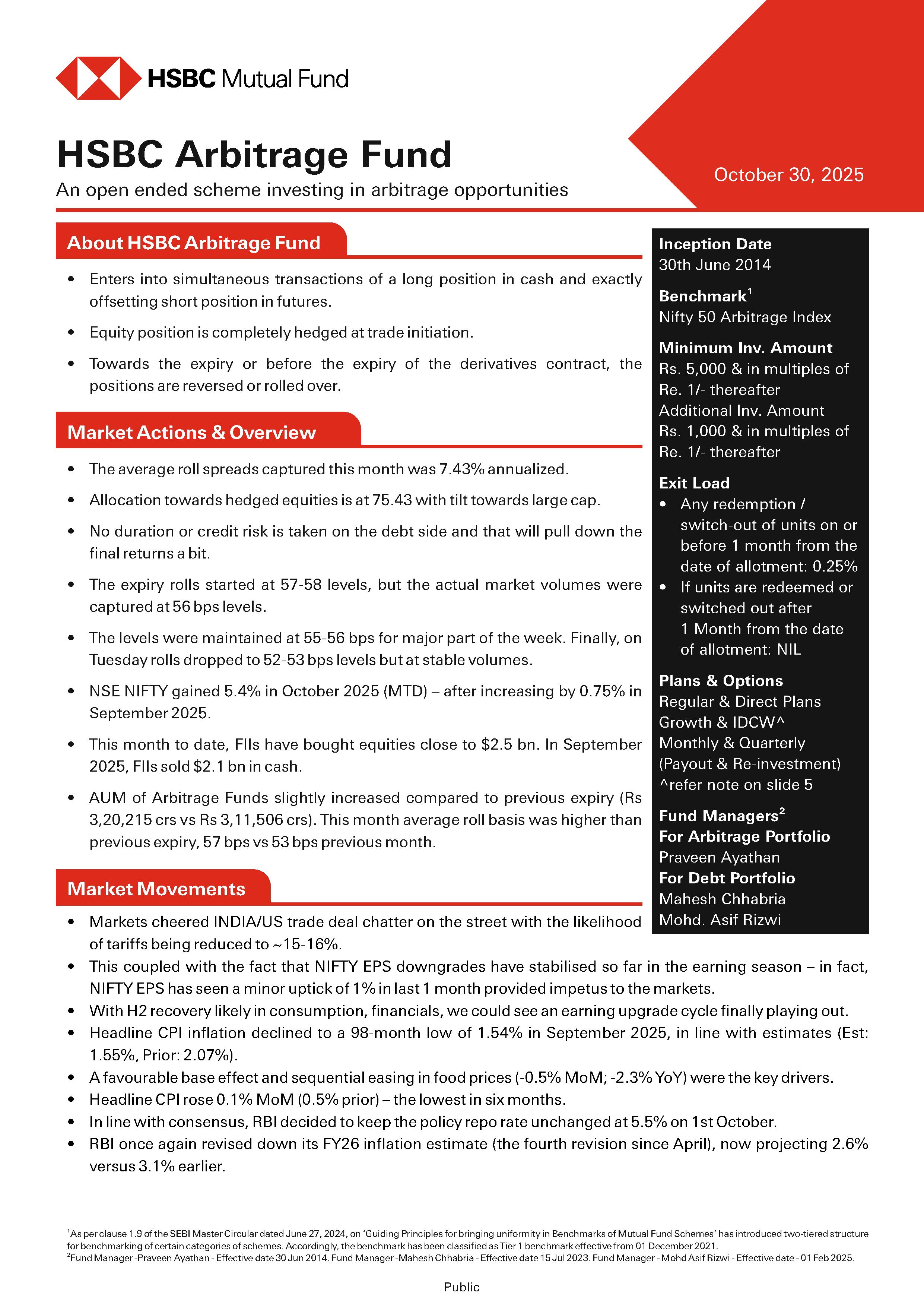 Product Note - HSBC Arbitrage Fund - October 30, 2025