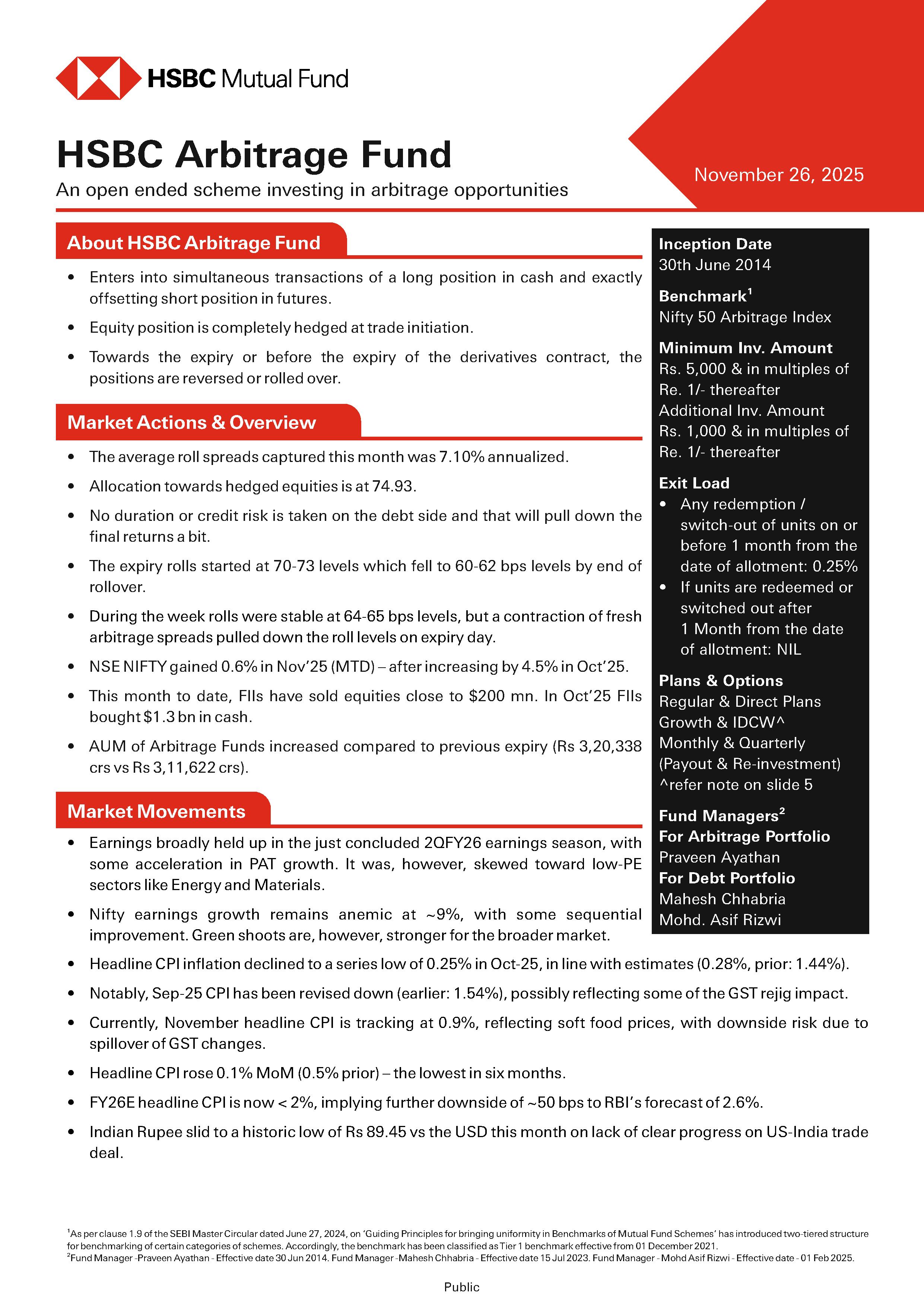 Product Note - HSBC Arbitrage Fund - November 26, 2025